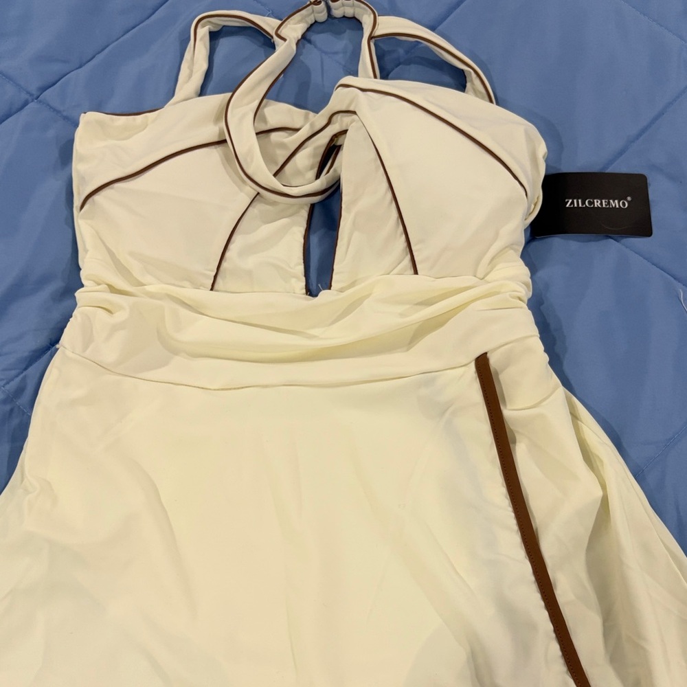 Zilcremo Cream One-Piece Swimdress with Brown Trim